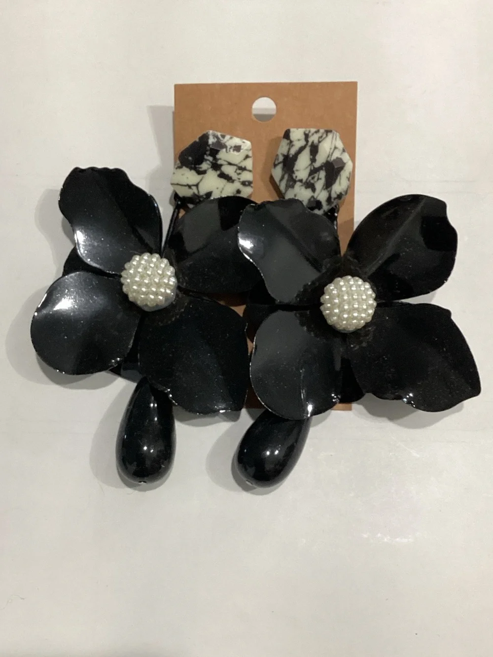 Black Floral Statement Drop Earrings with Pearl Center
